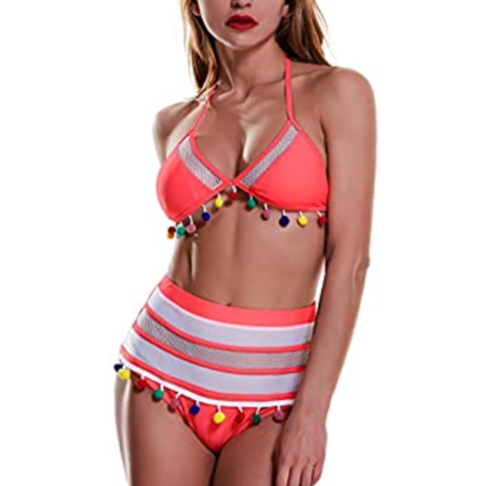 Mesh & Pom-Pom High Waisted Triangle Bikini Set, L